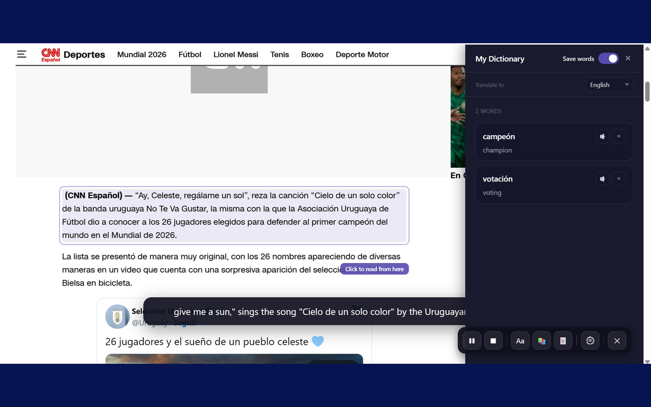 Verbally's dictionary sidebar showing saved words from the page