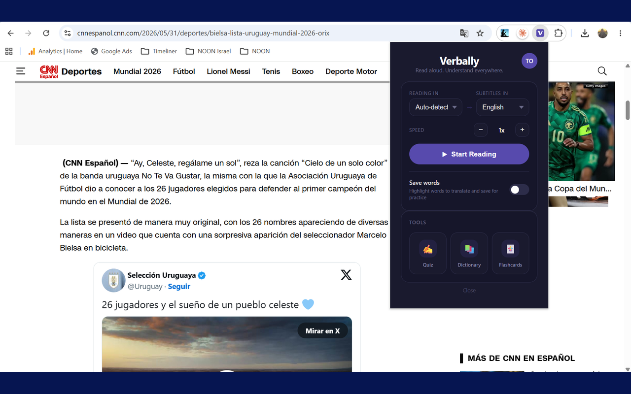 The Verbally popup: pick your caption language and start reading