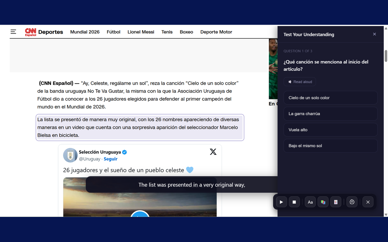 Verbally's quiz panel with a generated question from the article you just read
