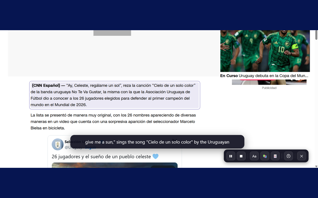 Verbally reading a Dutch news article aloud with English captions in sync at the bottom of the page
